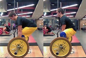 Compare the knee perspective and hip angles of the standard deadlift (left) towards the sumo deadlift (right).