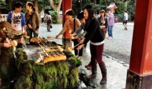 Followers of Shinto carrying out a ritual at a temple