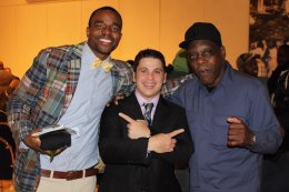 Jesse Hart (L) along with his parent, Eugene “Cyclone” Hart, (roentgen) with owner of Sumo Steaks, Billy Creagh.