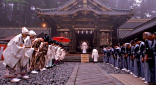 Shinto priests prearranged during a ceremony